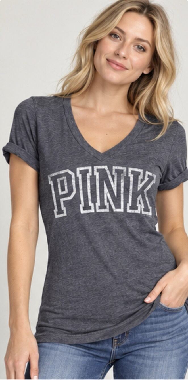 Victorias Secret PINK Women Small Gray V-Neck Logo T-Shirt Short Sleeve
